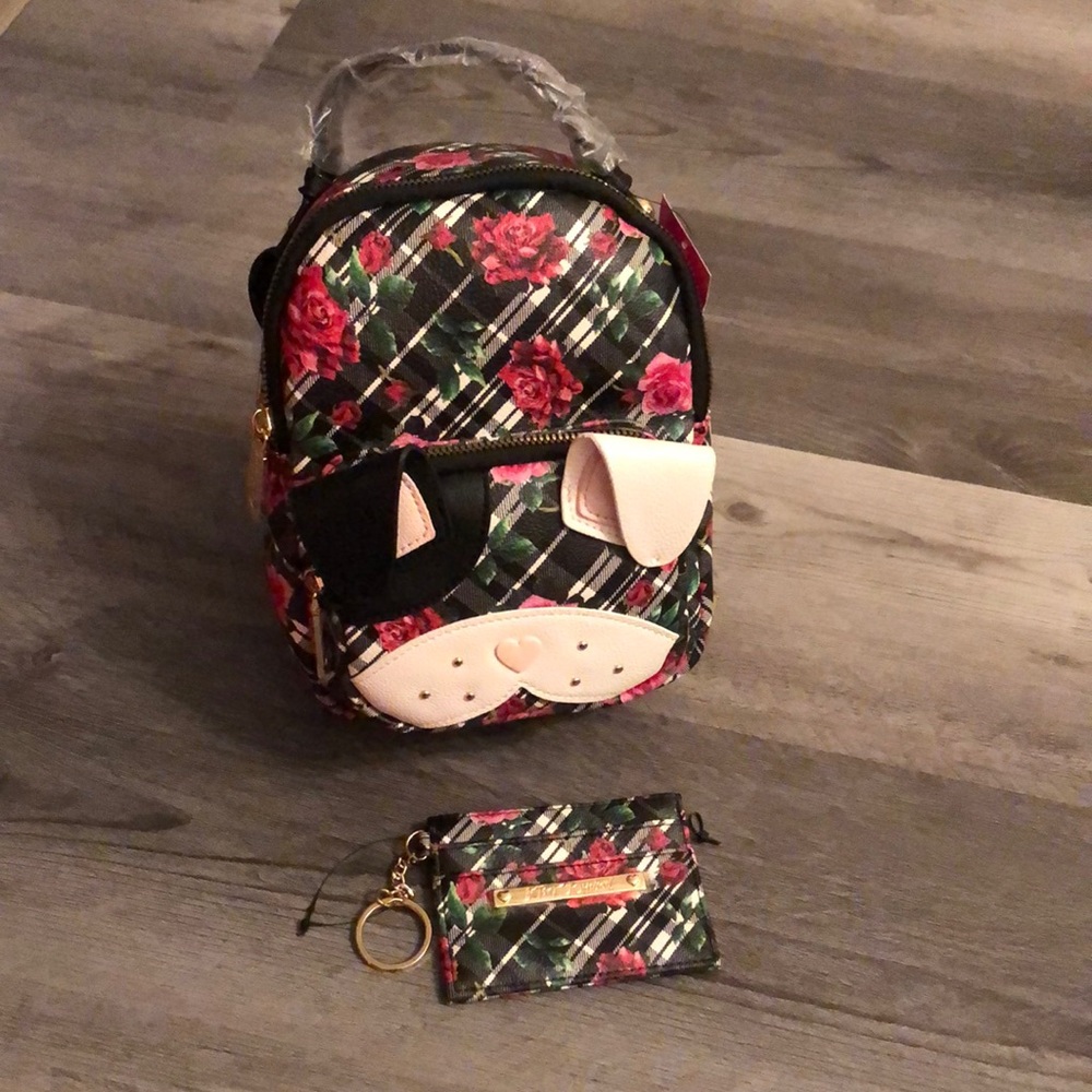 Betsey Johnson Black & White Floral Plaid Dog Kitsch Backpack & Card Case NWT